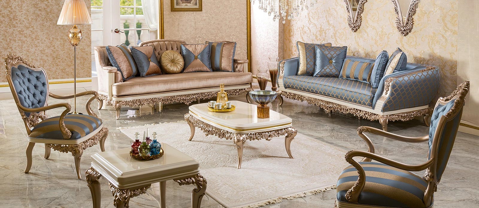 مبل استیل کلاسیک سلطنتی طلایی ساتن آبی طلایی